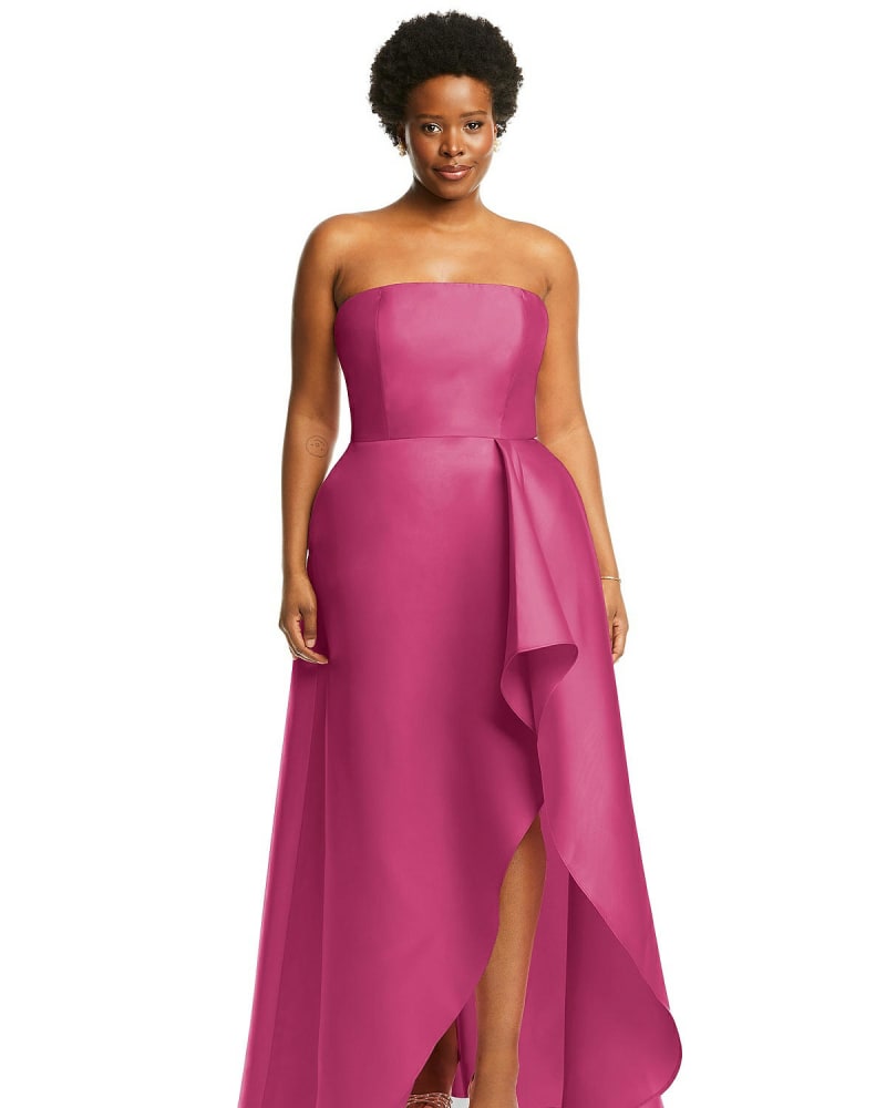 Front of a model wearing a size 22W Strapless Satin Gown with Draped Front Slit and Pockets in Tea Rose by Alfred Sung. | dia_product_style_image_id:267174